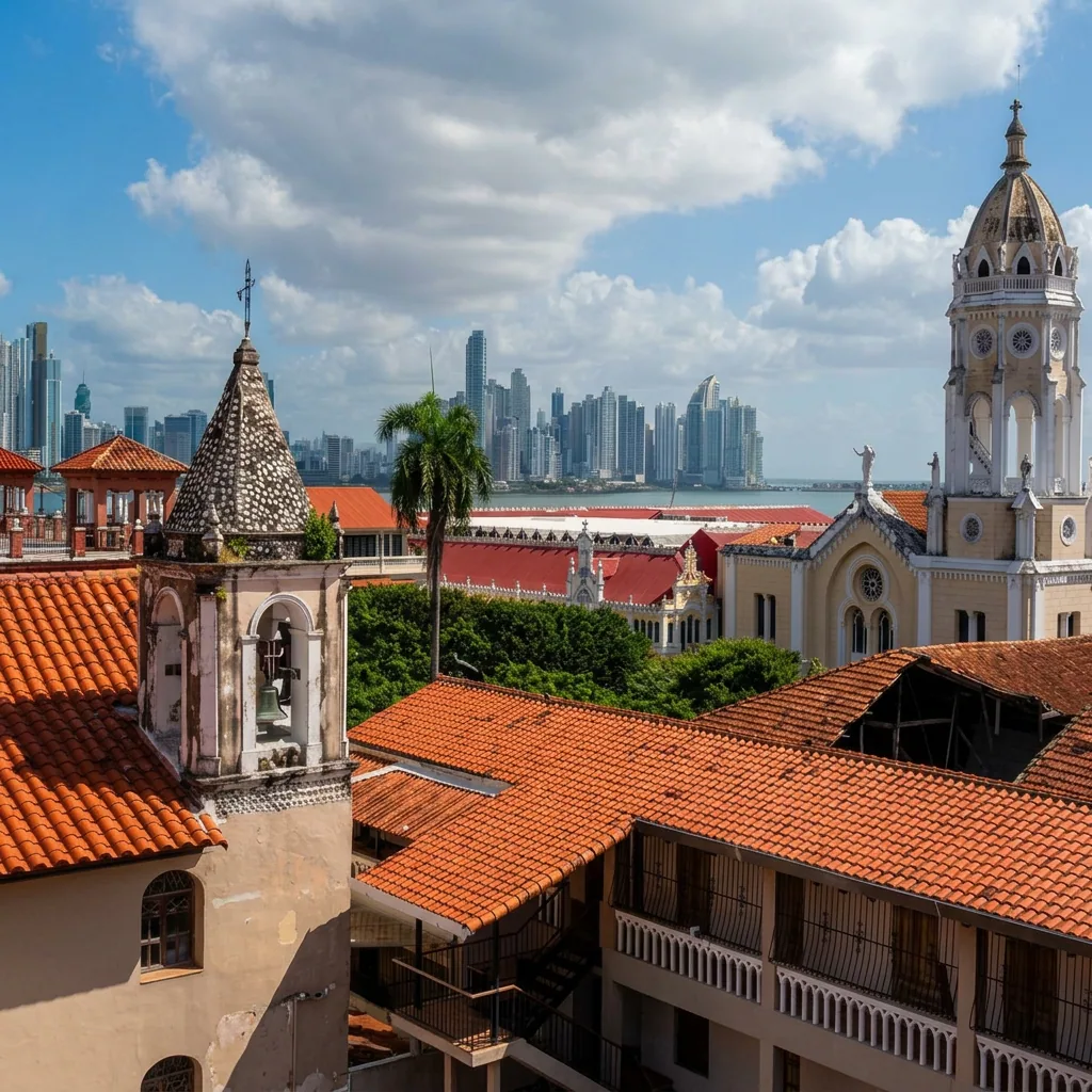 View from a rooftop over the colonial roofs of Casco Antiguo toward the Panama City skyline