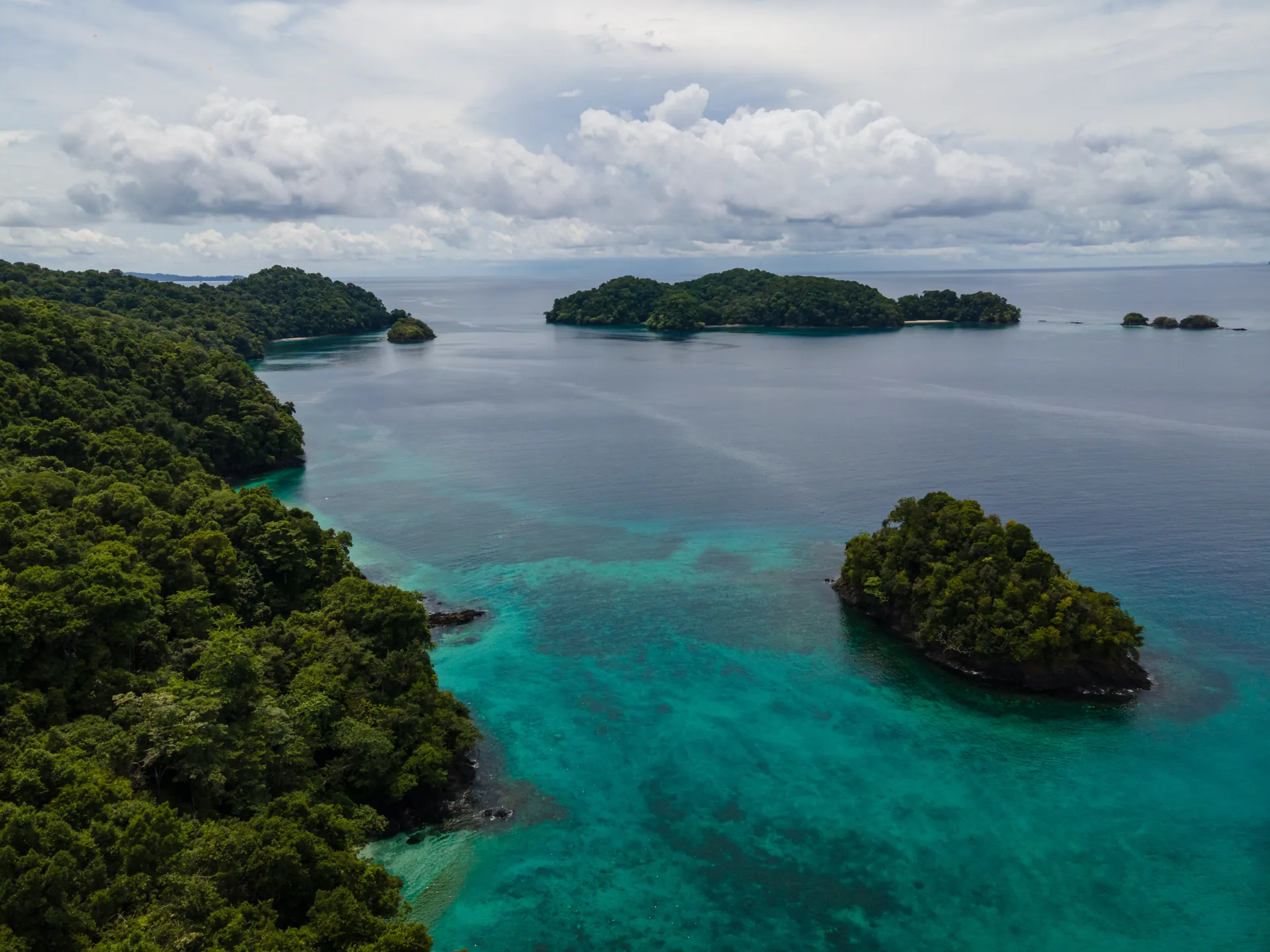 Islands of Coiba National Park from the air, reached by boat from Santa Catalina