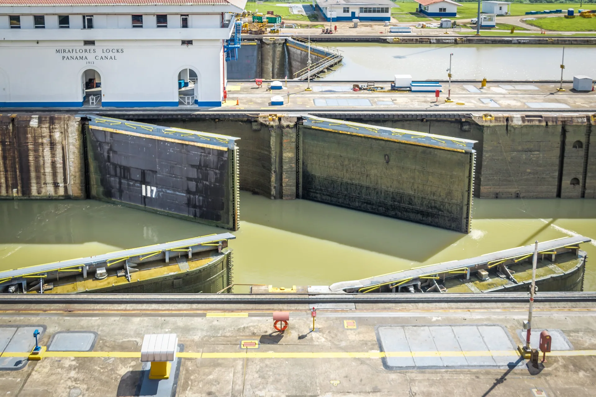 A Panamax vessel transiting the Miraflores Locks on the Panama Canal